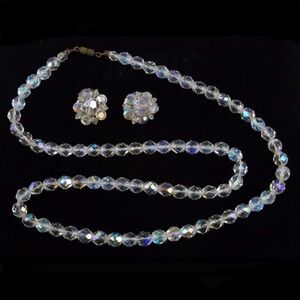 Stunning Vintage 1950s Crystal Necklace (25”) & Clip-on Earring Set